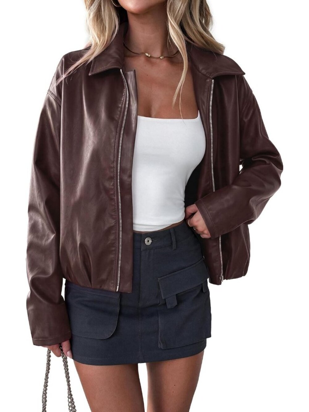 Women's Dark Brown Faux Leather Motorcycle Jacket Cropped Zip Up Collared Trendy